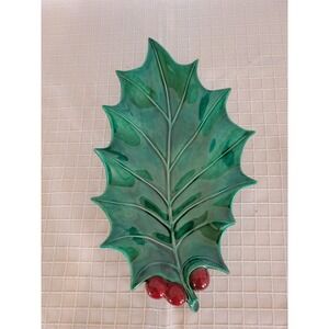 Vintage Holland Mold Ceramic Holly Leaf Dish Green Red Berries Christmas Decor